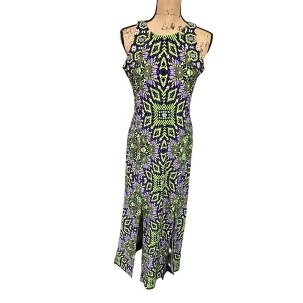 London Times Ikat purple and‎ green maxi sheath dress size 6 Small